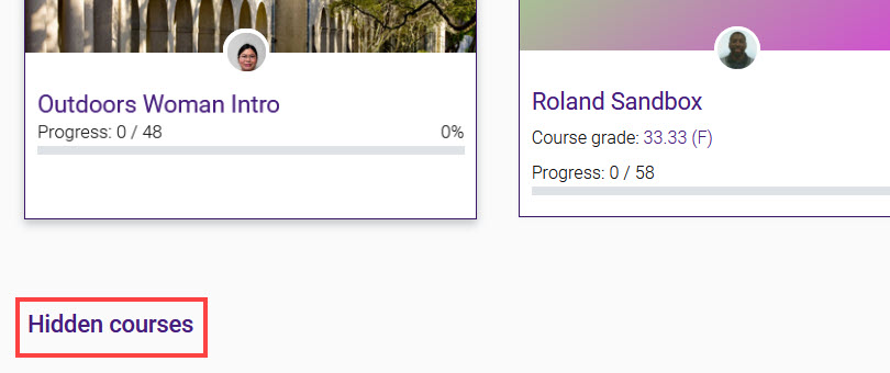 Hidden courses link at the bottom of the My Courses page