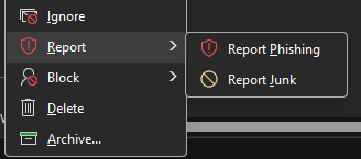 Right click context menu for an email showing Report > Report Junk options