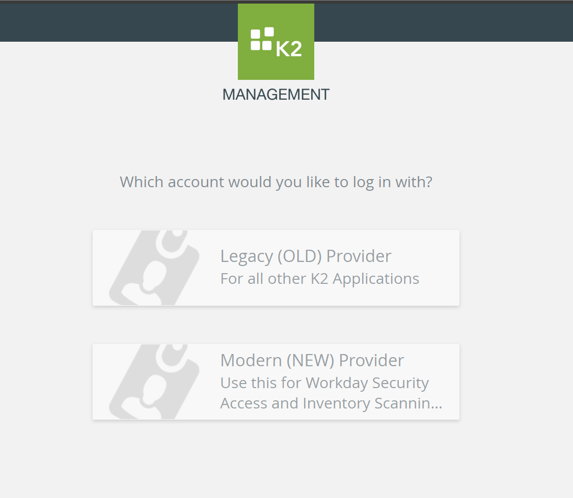 K2 login page demoing New and Old login provider