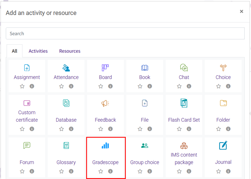 The LTI Gradescope has been selected in the activity chooser menu.