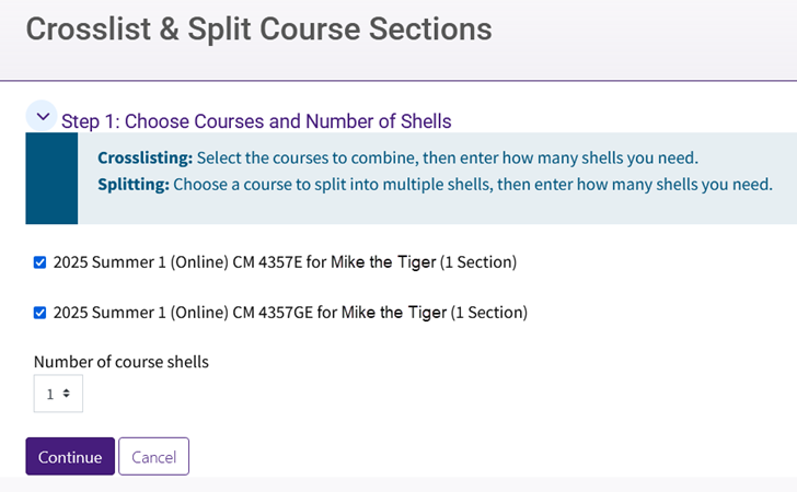 Crosslisting example with two courses selected and 1 course shell