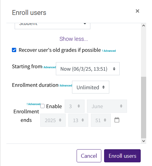 Start date, duration, and end date settings