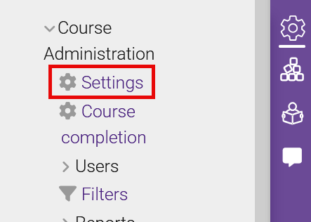 Course Admin menu showing Settings link