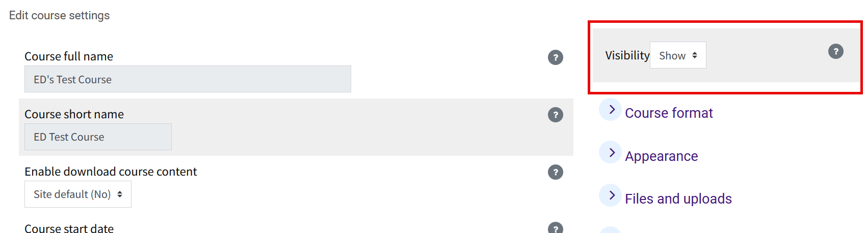 Visibility toggle in course admin menu