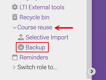 Course reuse menu with backup highlighted