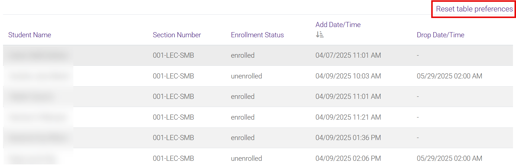 Enrollment tracker report with "reset table preferences" highlighted