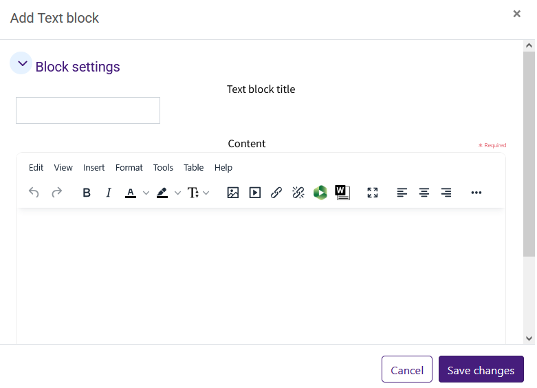 text block Settings window
