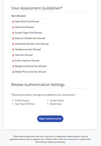 Honorlock assessment guidelines and authentication settings