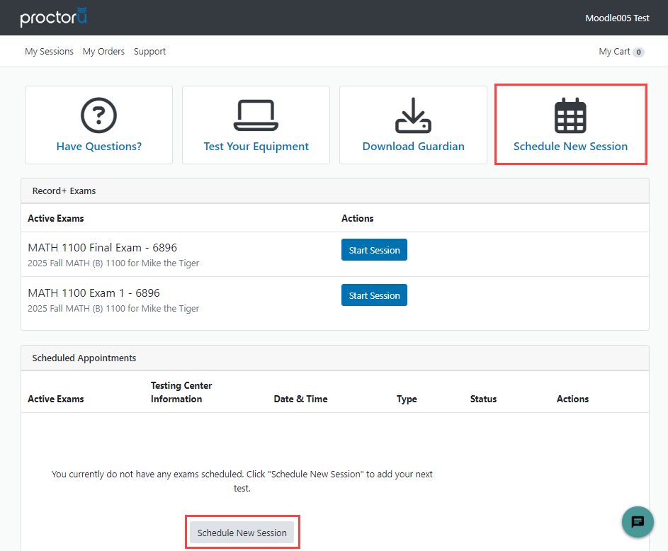 ProctorU Dashboard with Schedule New Session links outlined in red