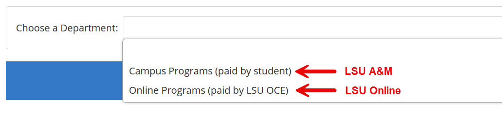 Department options: campus programs is LSU A & M, online programs is LSU Online