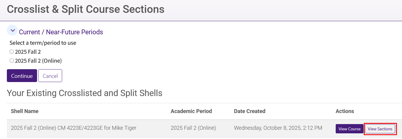 Crosslist & Split View Sections button highlighted