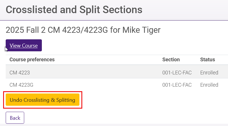 Undo Crosslisting & Splitting button selected