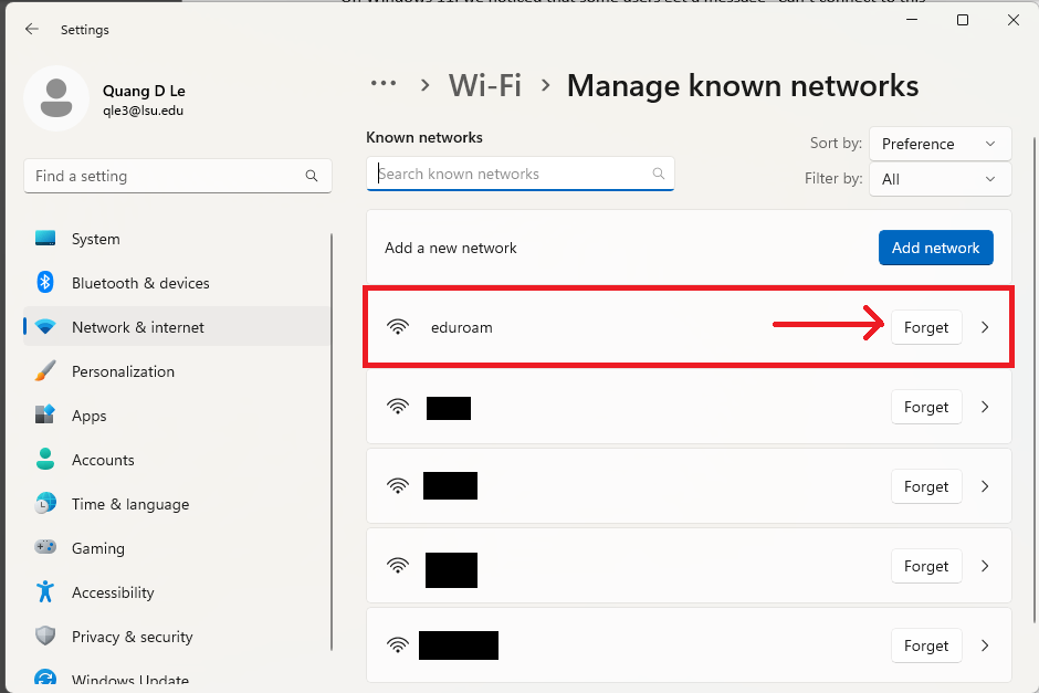 manage known networks section with forget button
