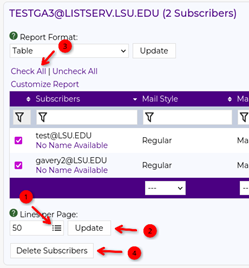 update button to show all subscribers, check all, delete button