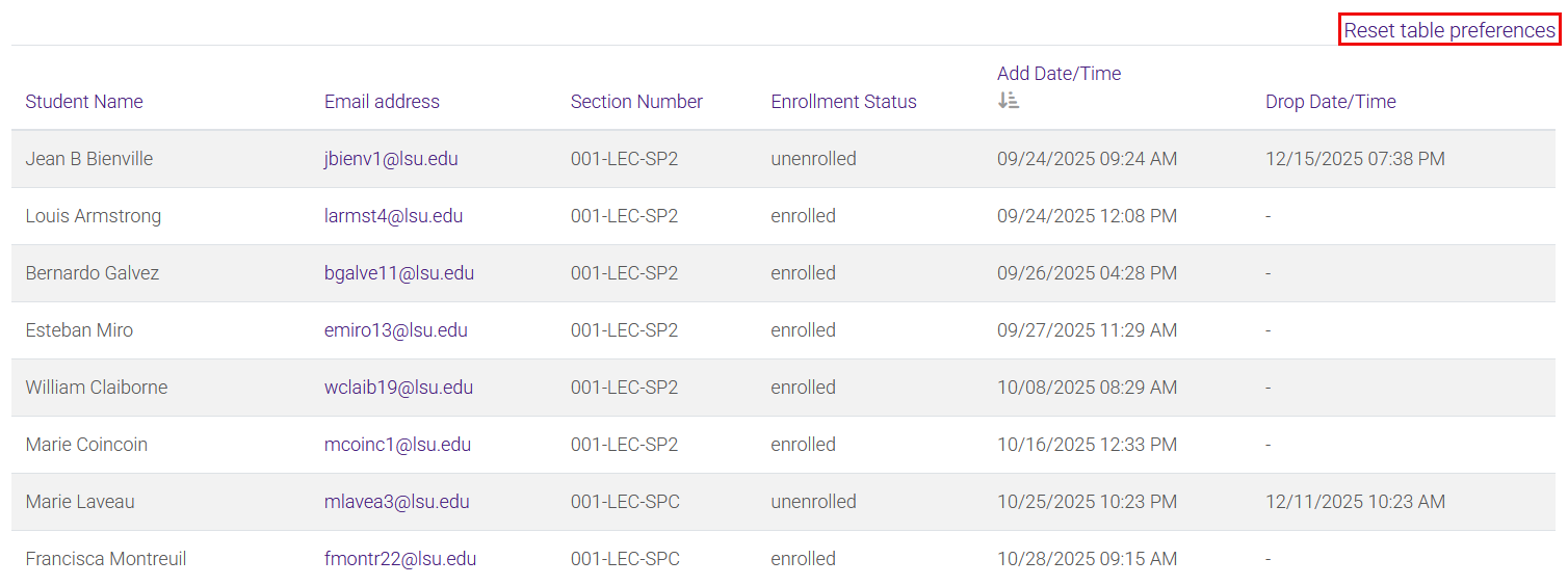 Enrollment tracker report with "reset table preferences" highlighted