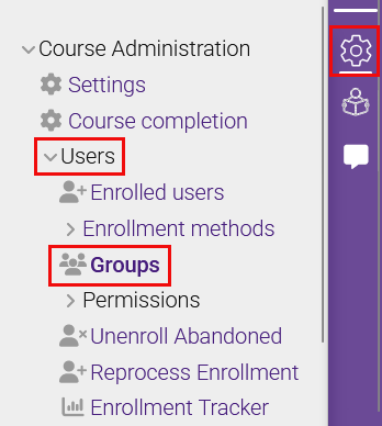 Course administration menu with Users section and Groups link highlighted