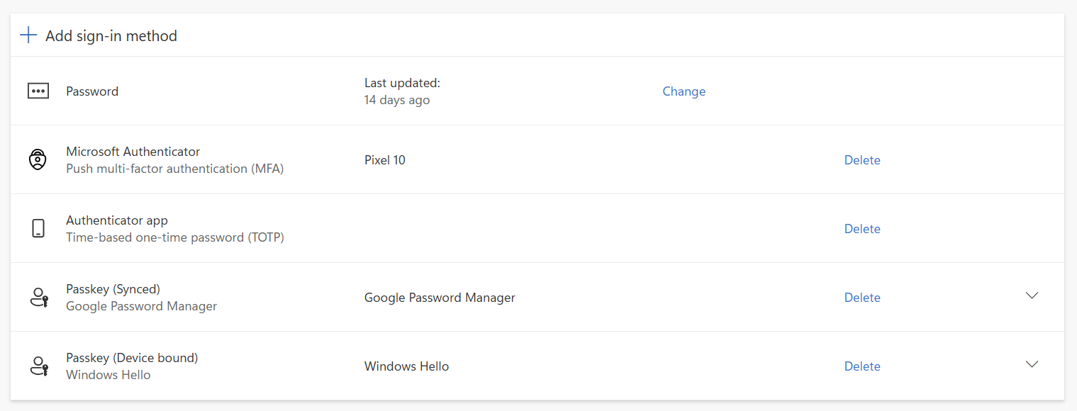 Microsoft Security Info Sign in Methods list showing 4 authenticators