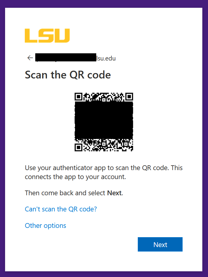a prompt to "scan the qr code" so that a code generator authenticator can be configured. a qr code is available in the middle of the prompt